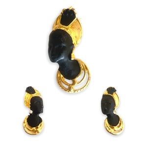 Vintage African Nubian Blackamoor Princess FULL Brooch & Earring Set NWT